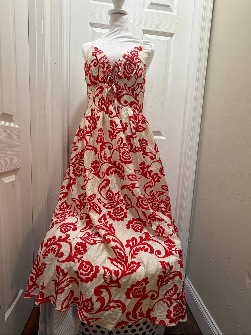 Aakaa Red Floral Shirred Cream Maxi Dress